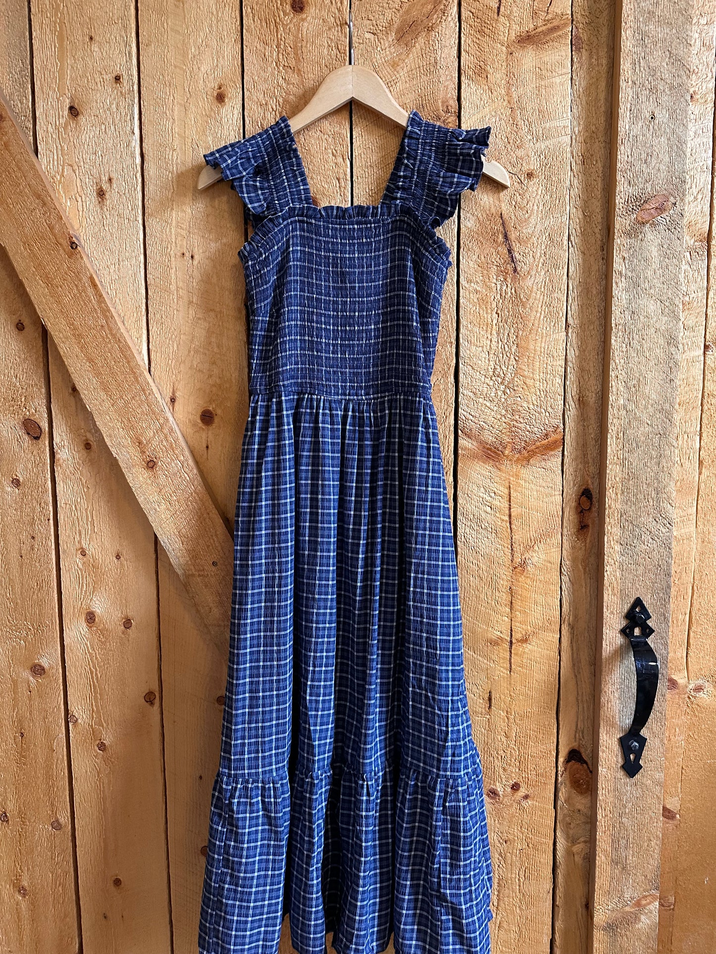 Stevie Ruffle Strap Navy Checkered Midi Dress