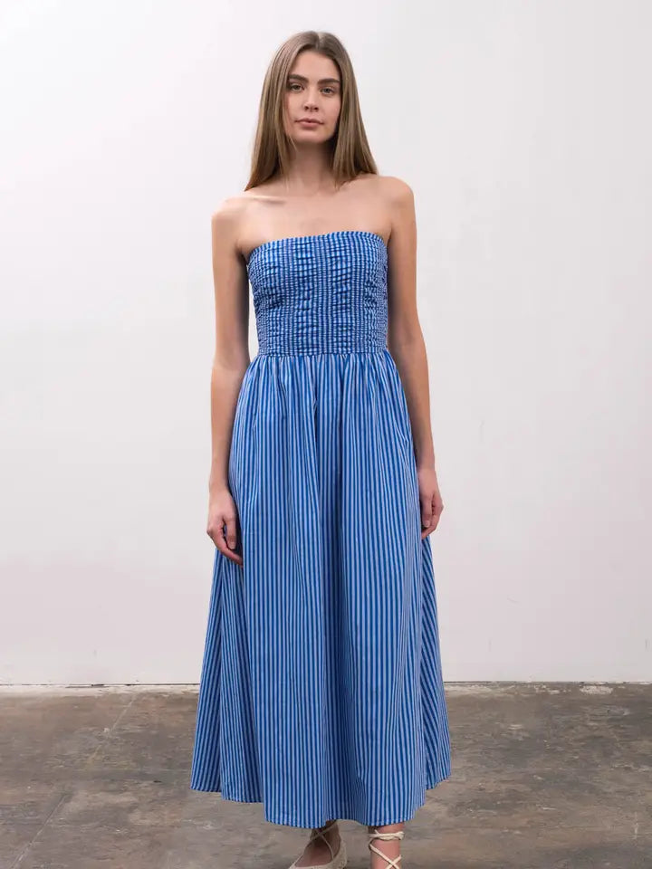 Raina Strip Strapless Shirred Midi Dress