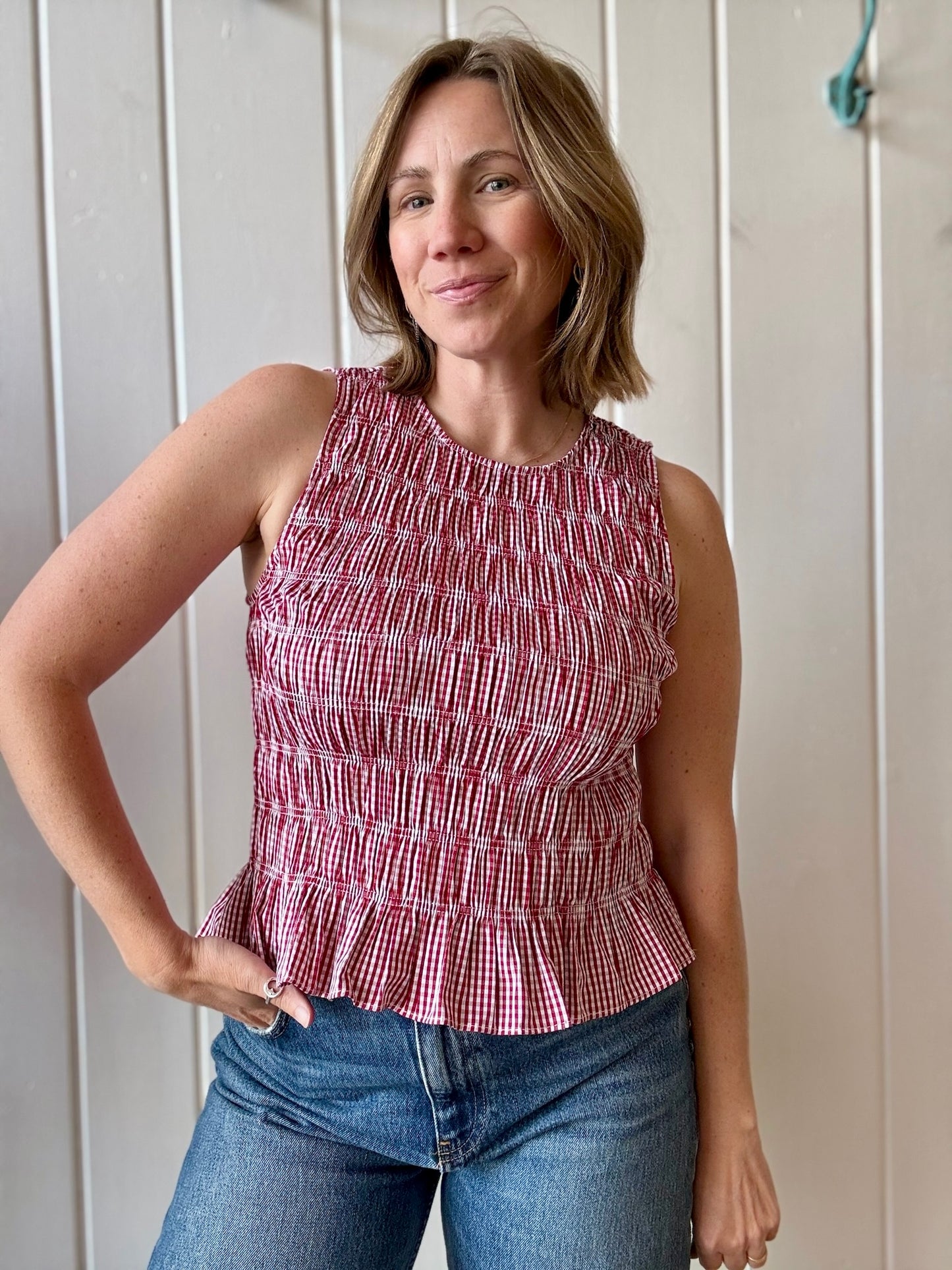 Sonya Red Gingham Smocked Sleeveless Top