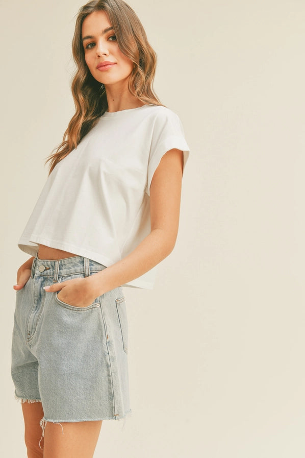 Hazel Round Neck Cuffed Sleeve Tee/White