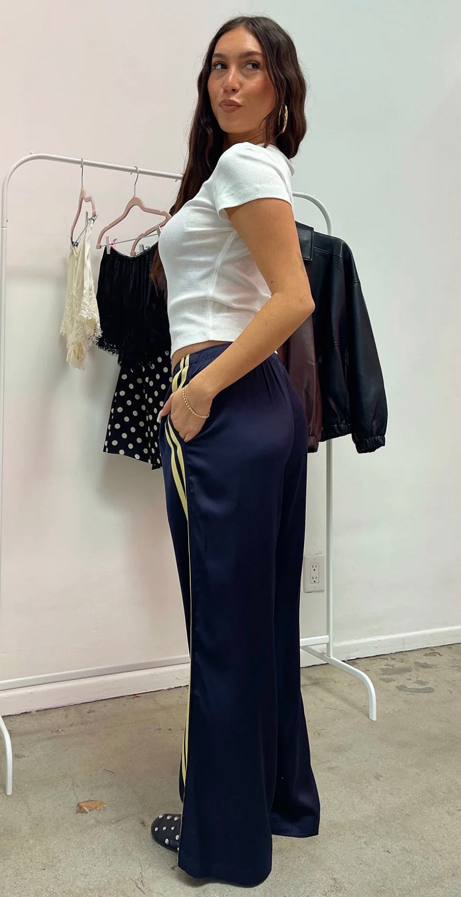 Louise Satin Elastic Waistband Pants Side Stripe/Navy