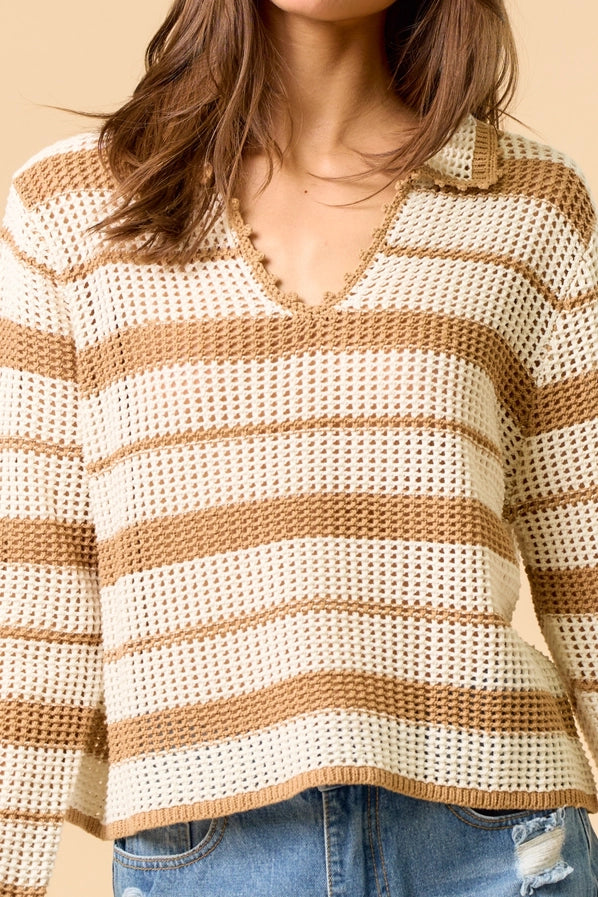 Layla Crochet Striped V Neck Pullover
