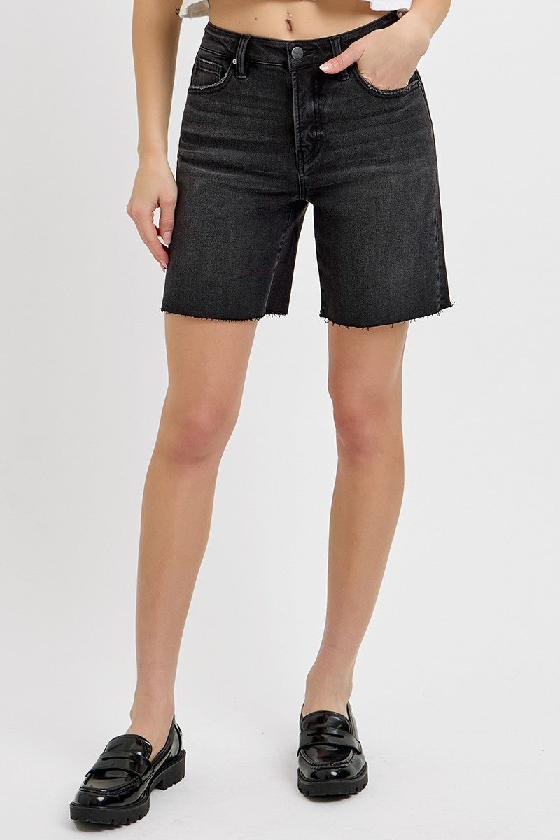 Amy Black High Rise Mid Length Raw Cut Hem Shorts