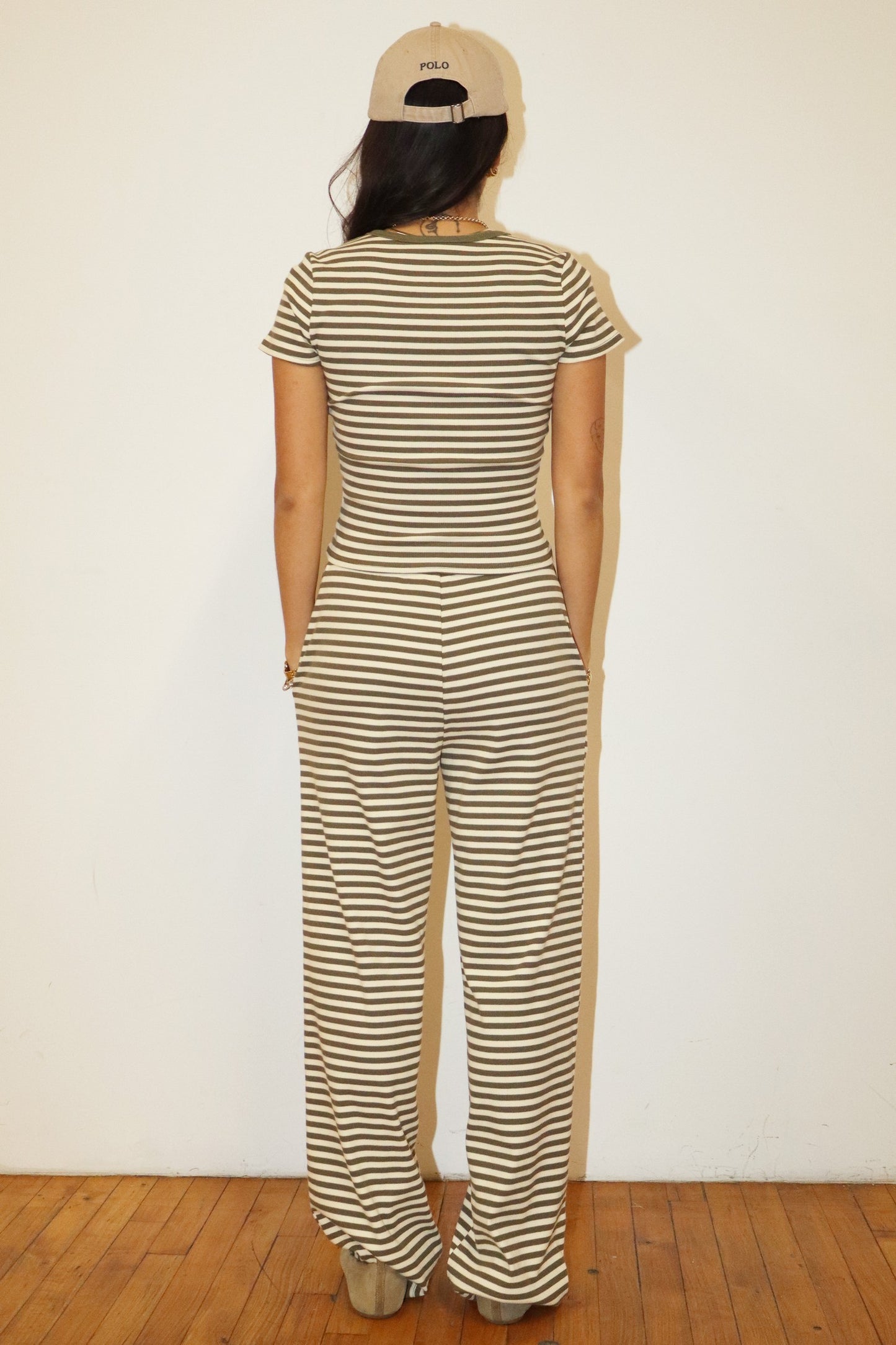 Sylvie Striped Snap Button Tee/Olive