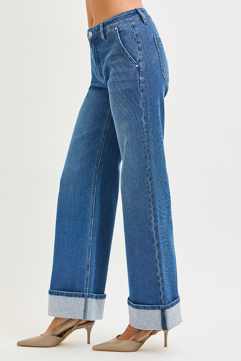 Natalia Pin Stripe Mid Rise-Wide Leg Cuff Jeans