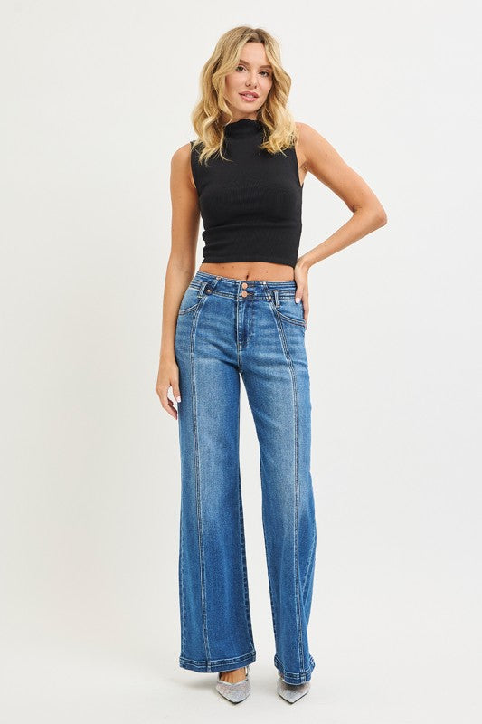 High Rise Wide Leg Denim Front/Back Seam Detail