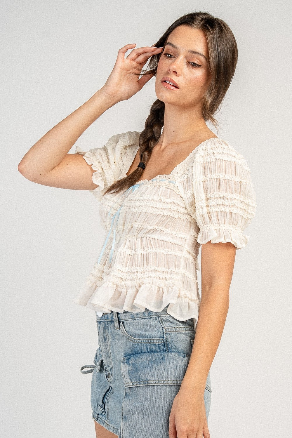 Lily Short Sleeve Lace Trim Top w/ Ribbon