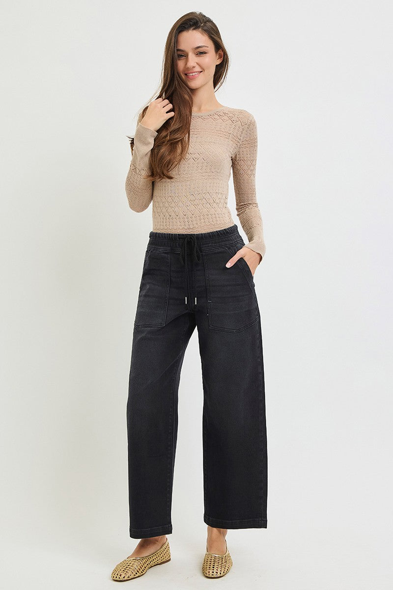 Gwen Elastic Band Relaxed Baggy Crop Jeans/Black