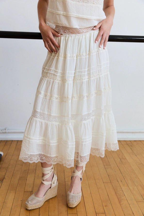 Quinn Lace Panel Midi Elastic Waist Band Skirt