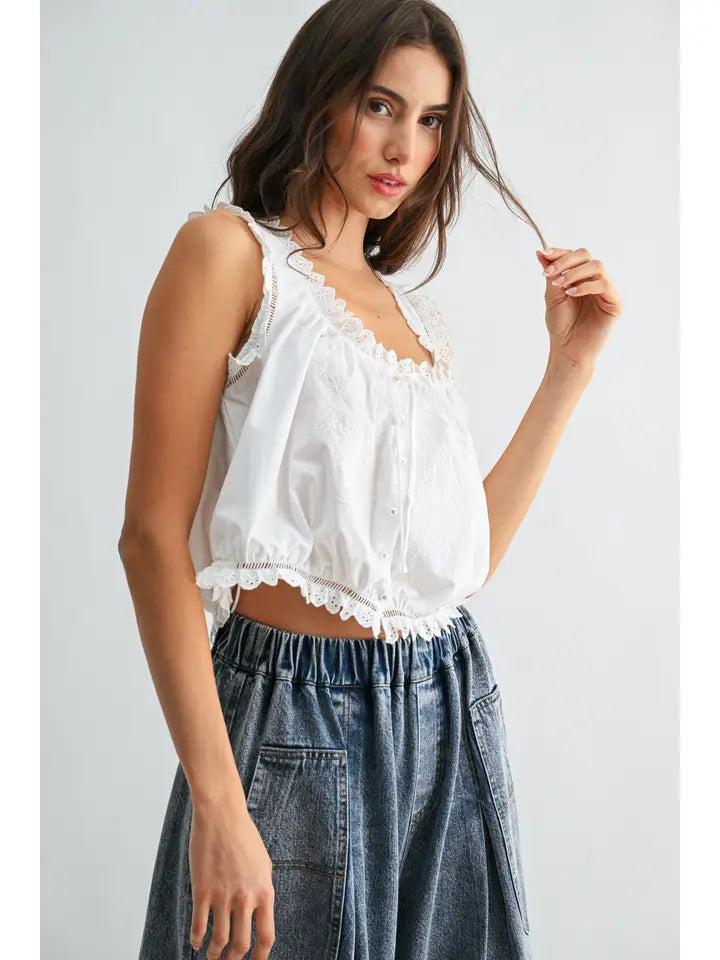 Reese Embroidered Ruffle Trim White Tank Top