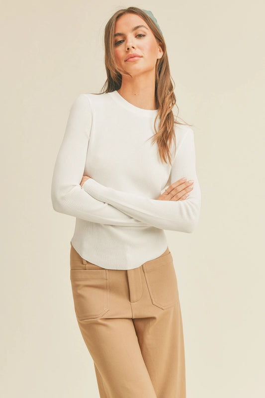 Ella Long Sleeve Ribbed Basic Top/White