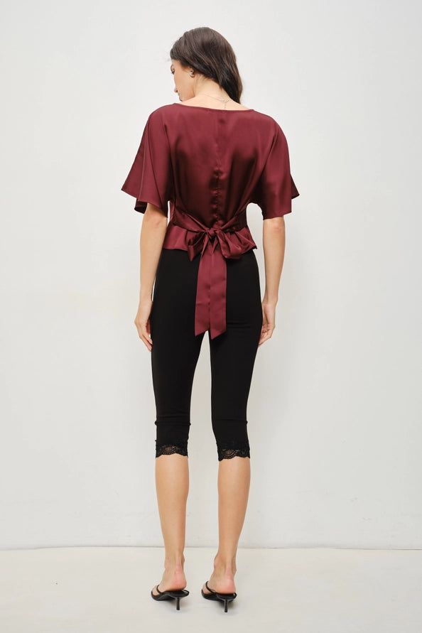 Darla Satin Flutter Sleeve/Burgundy