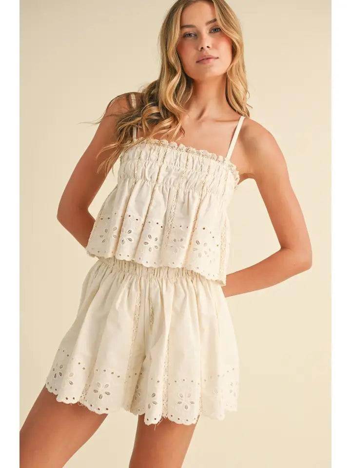 Keri Embroidered Lace Smocking Cami Top