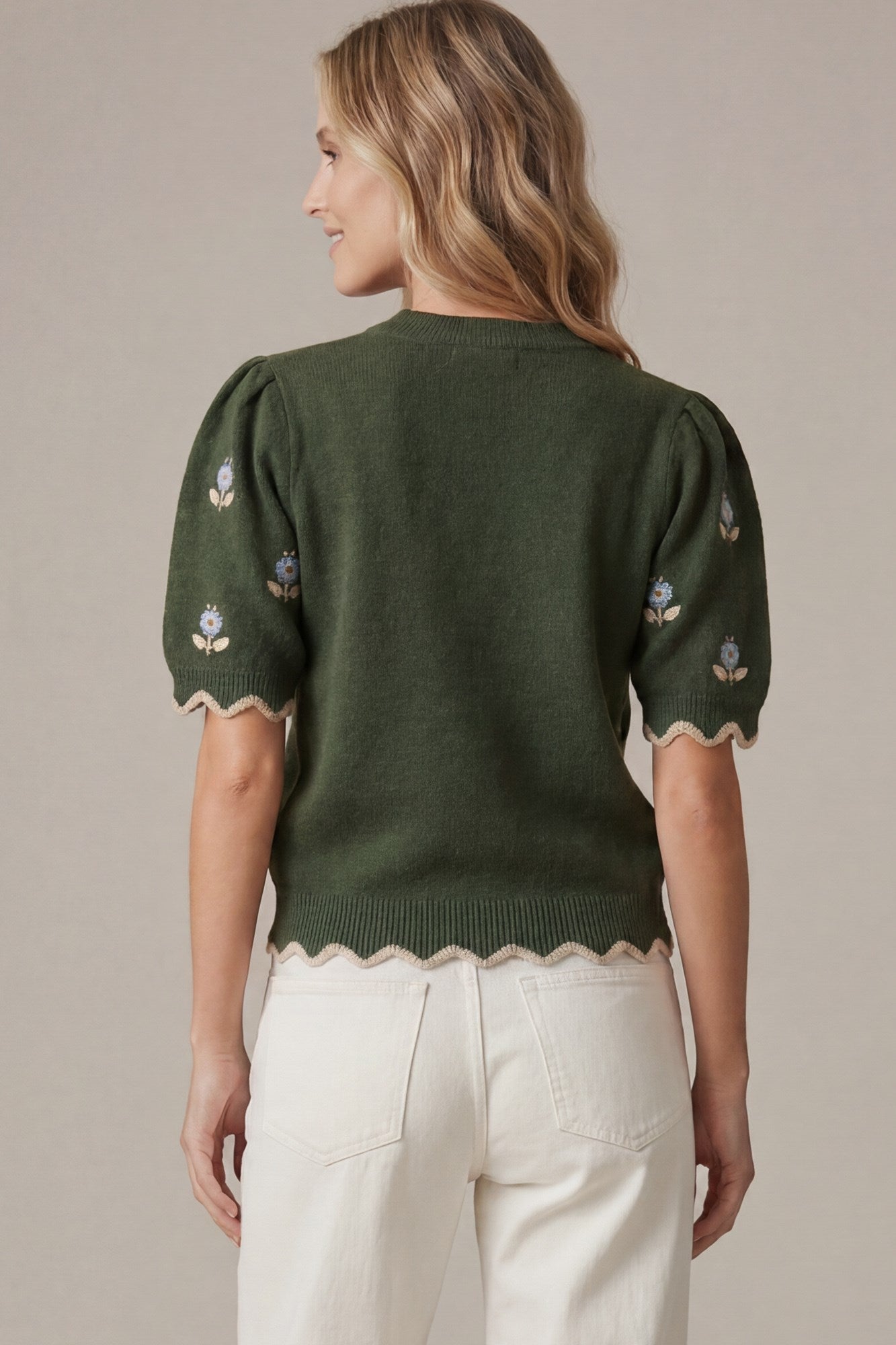 Blake Floral Embroidery Half Sleeve Sweater Top/Olive