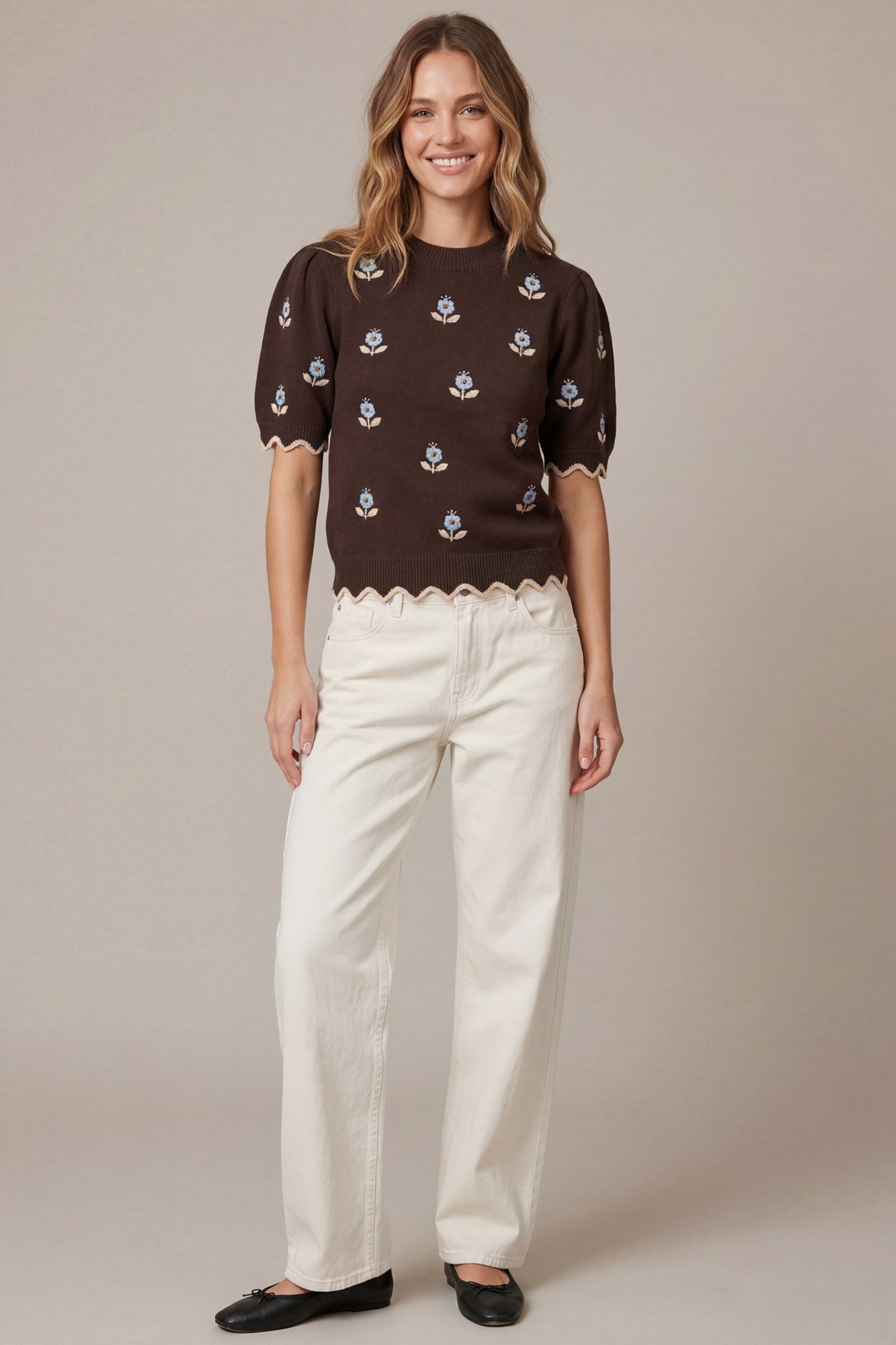 Blake Floral Embroidery Half Sleeve Sweater Top/Brown