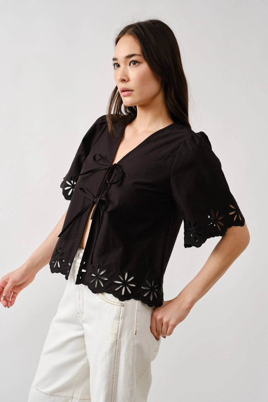 Lydia Flower Cut Out Front Tie Shirt