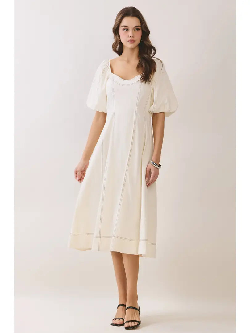 Gloria Square Neck Puff Sleeve Midi Dress/Buttercream
