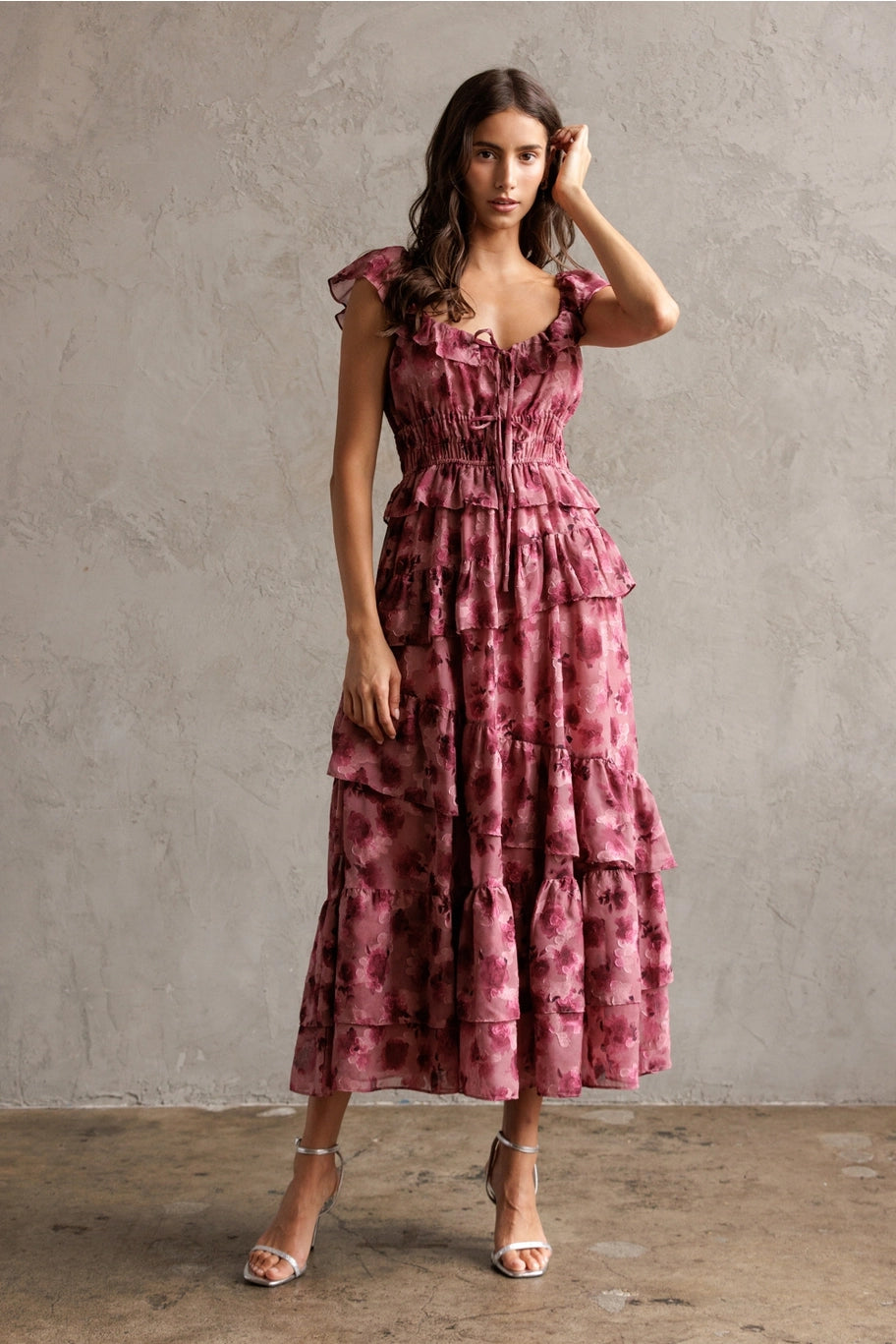 Priscilla Floral Riffled Tiered Midi Dress