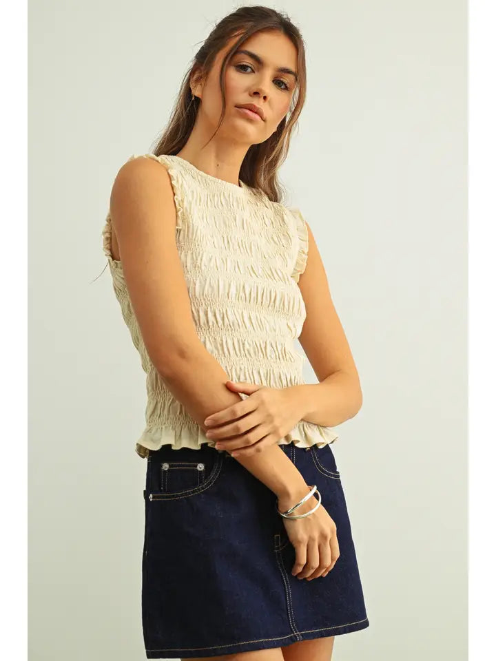 Bree Sleeveless Smocking Tank Top/Cream
