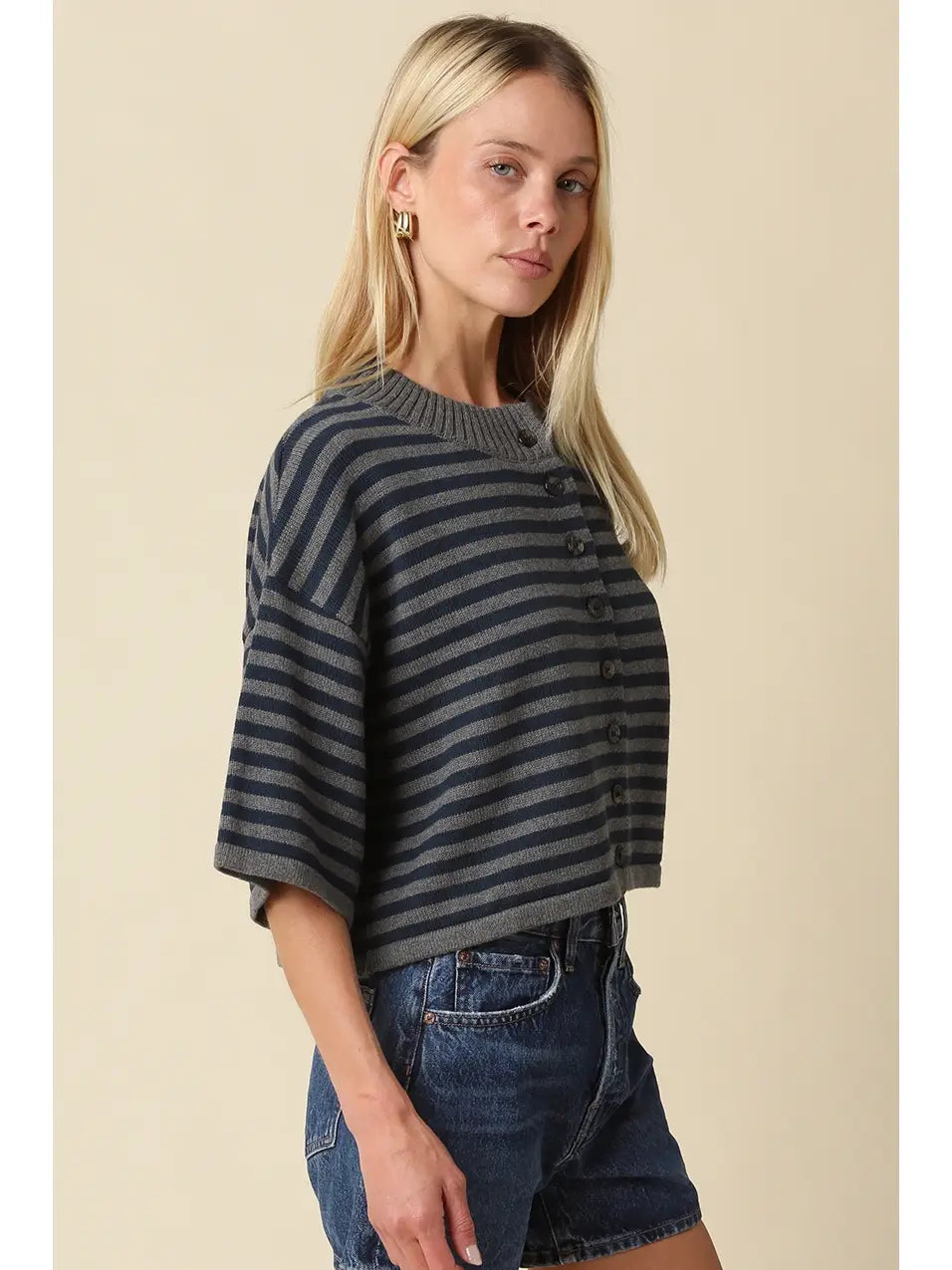 Natalia Striped Short Sleeve Button Up Knit/Dk.Grey+Navy