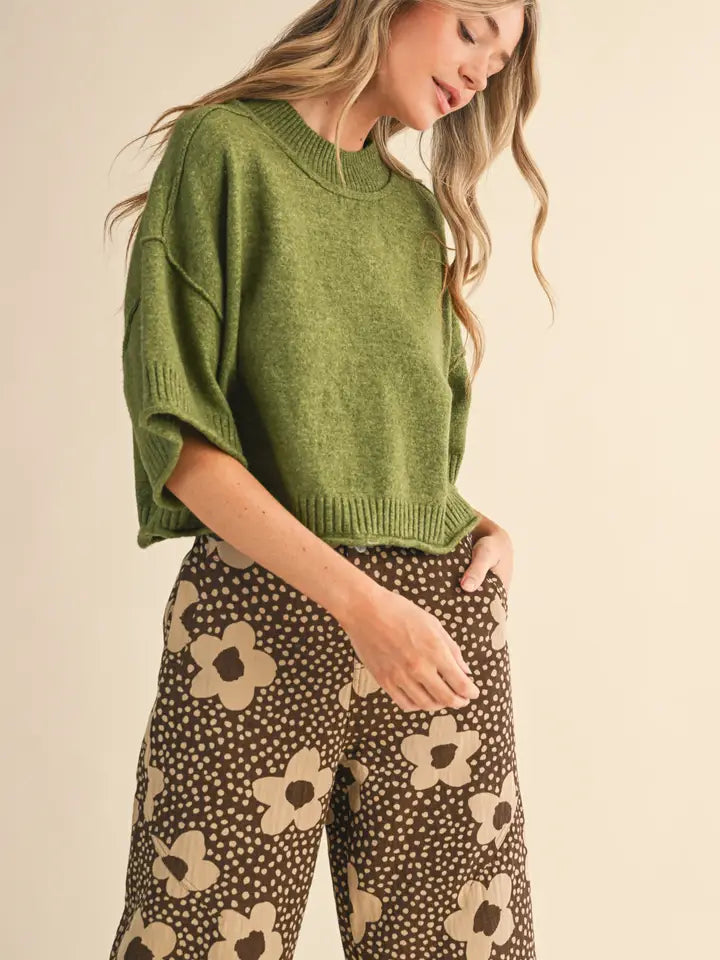 Kate Marled Knit Mock Neck Short Sleeve Top/Olive Green