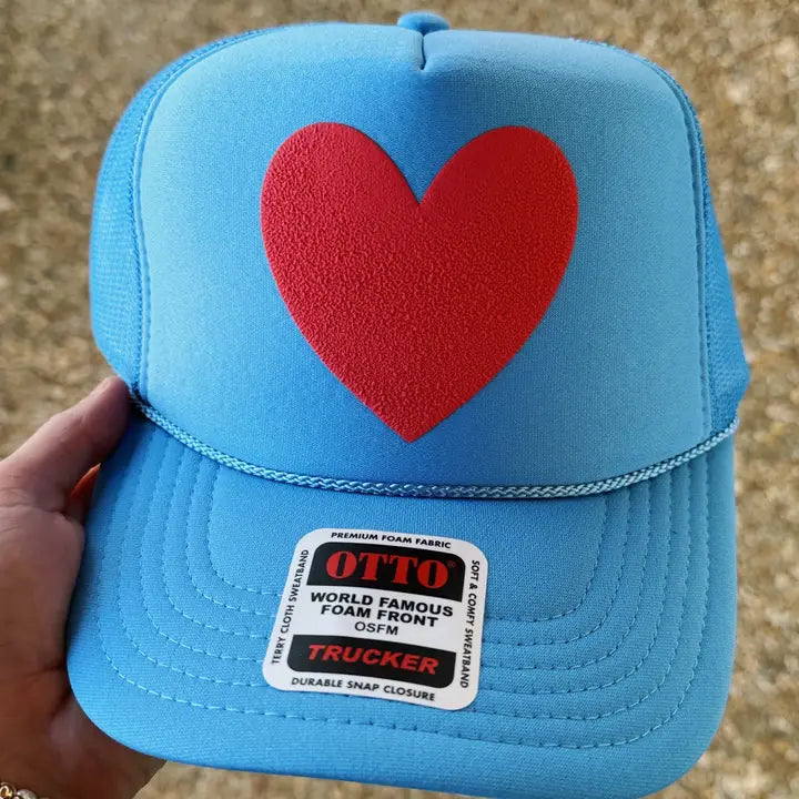 Happy Heart Trucker Hat: Cool Blue+ Red