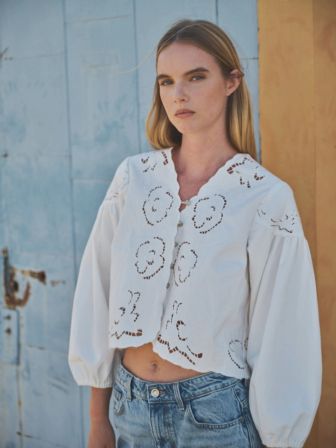 Anna Embroidery Denim Blouse Top
