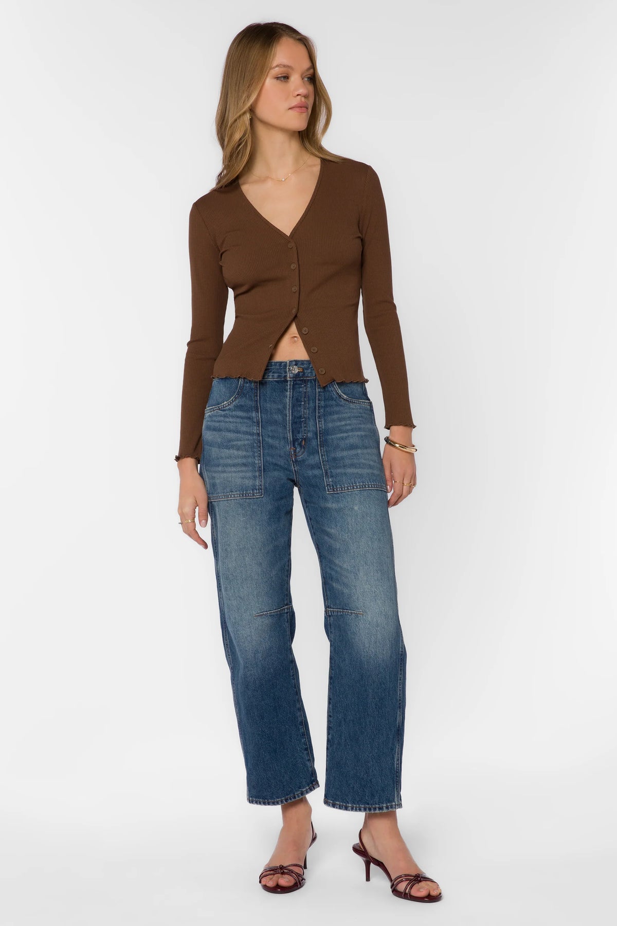 Everlane V neck L/S Ribbed Tan Top