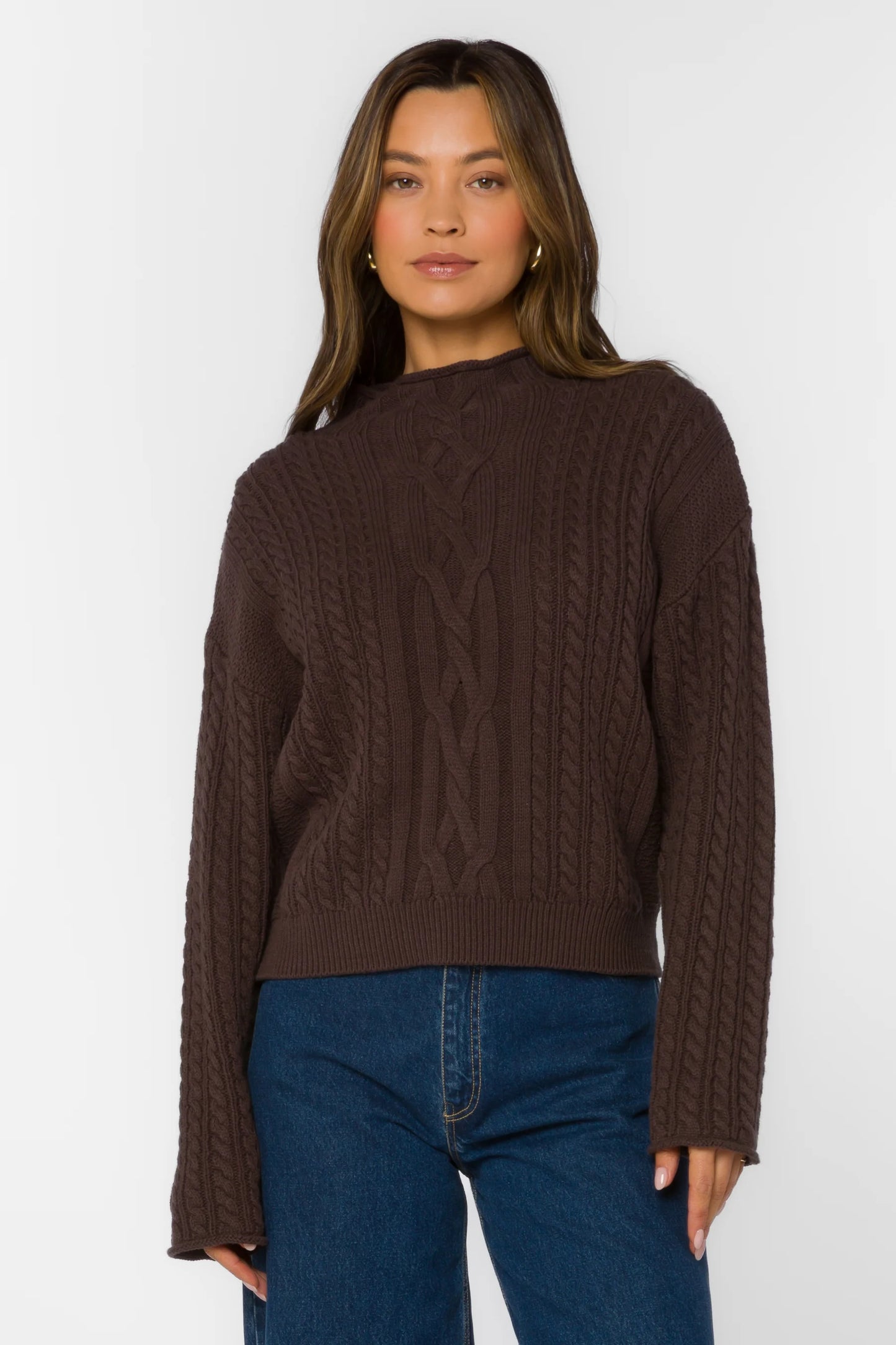 Jennevie Mock Neck Cable Knit Pullover