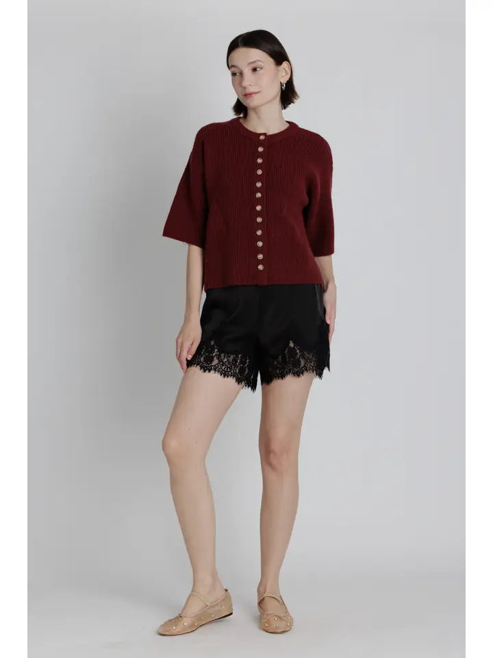 Callie Button Down Short Sleeve Sweater Top/Burgundy