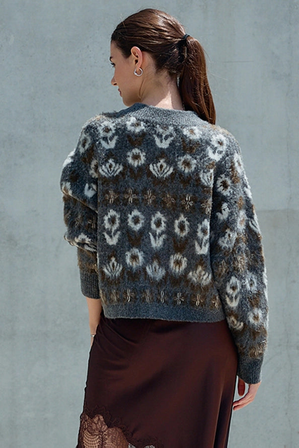 Barret Fuzzy Nordic Floral Diamond Knit Cardigan