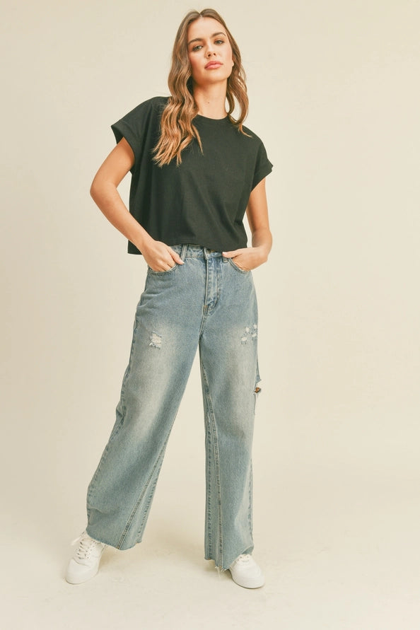 Carolina Round Neck Cuffed Sleeve Top/Black
