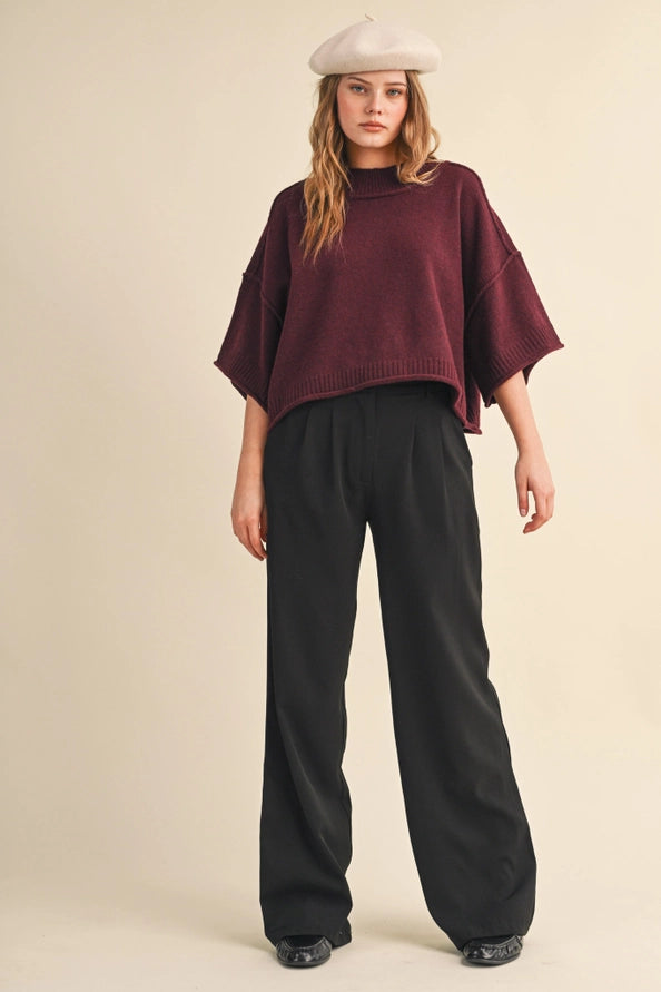 Kate Marled Knit Mock Neck Short Sleeve Top/Wine