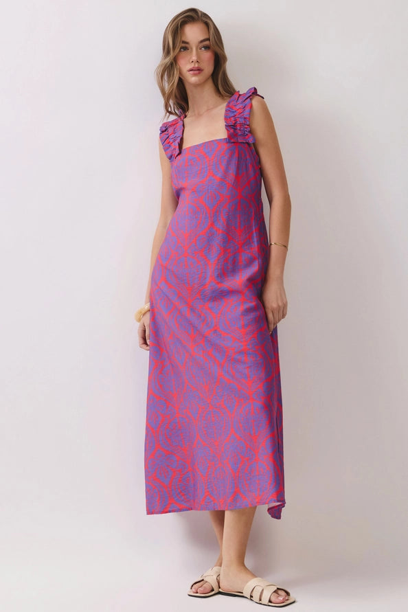 ruffle strap midi dress Camilia Ruffle Strap Geometric Print Midi Dress