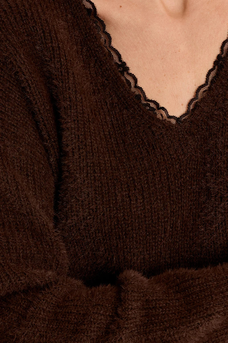 Sasha Brown V neck Sweater w/ Lace Trim
