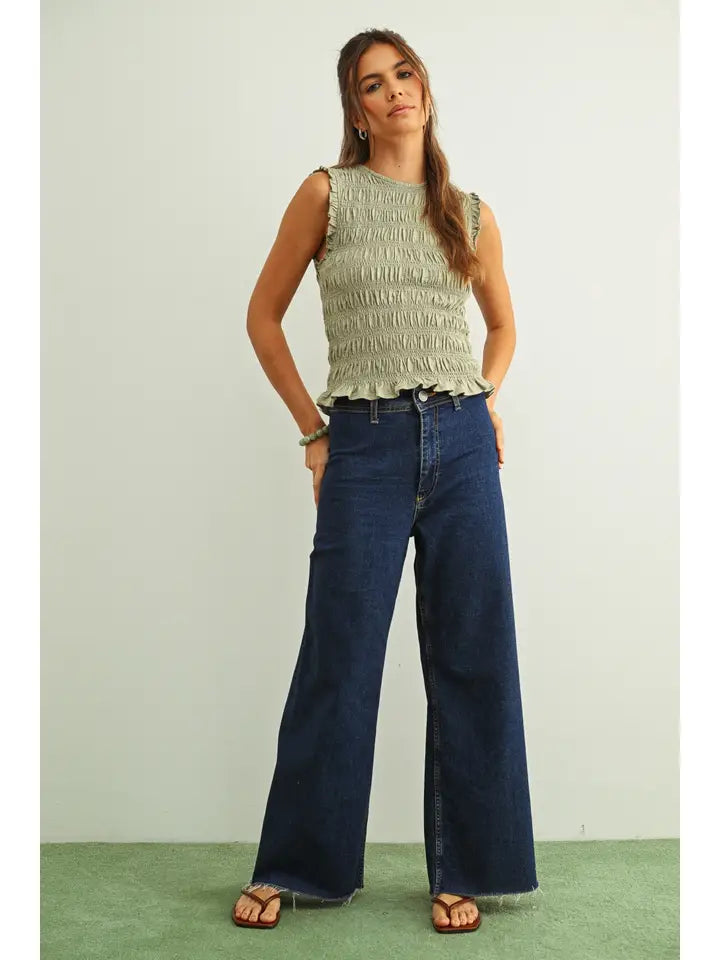 Bree Sleeveless Smocking Tank Top/Sage
