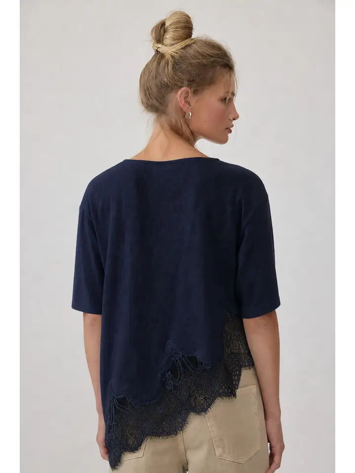 Lyra Slub Knit Lace Hem Top/Navy