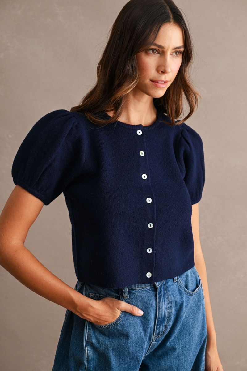 Nicole Puff Short Sleeve Sweater Top/Navy