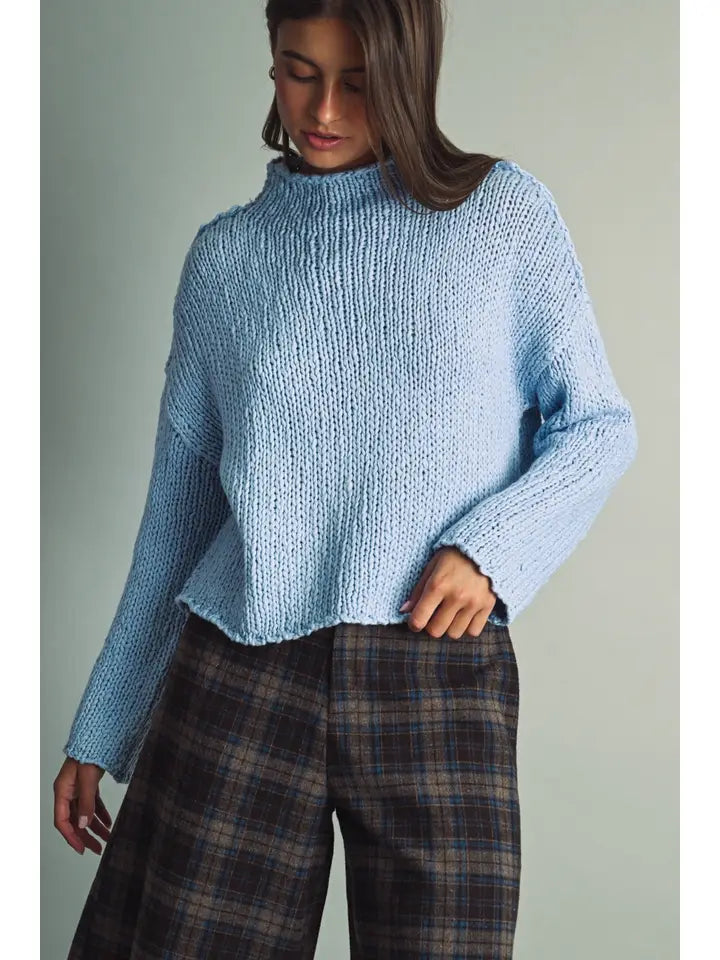 Adeline Roll Hemming Long Sleeve Knit Top/Light Blue