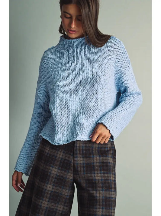 Adeline Roll Hemming Long Sleeve Knit Top/Light Blue