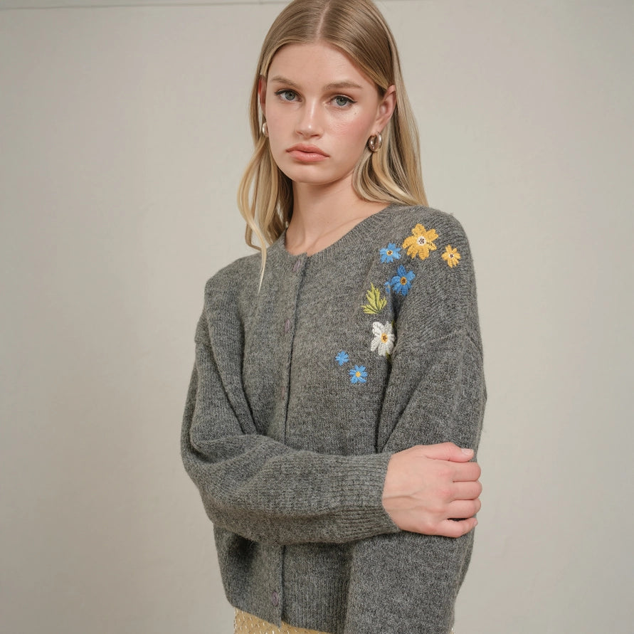 Olivia Floral Embroidered Knit Cardigan Sweater