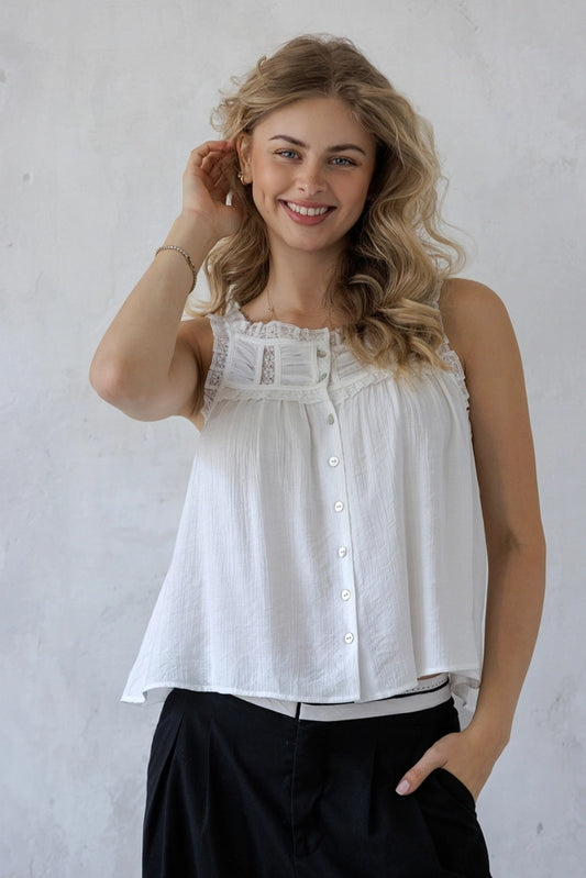 Maci Lace Trim Flowy Tank Top/White