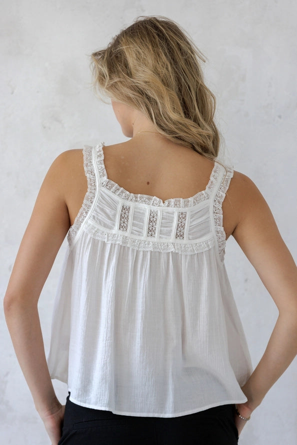 Maci Lace Trim Flowy Tank Top/White