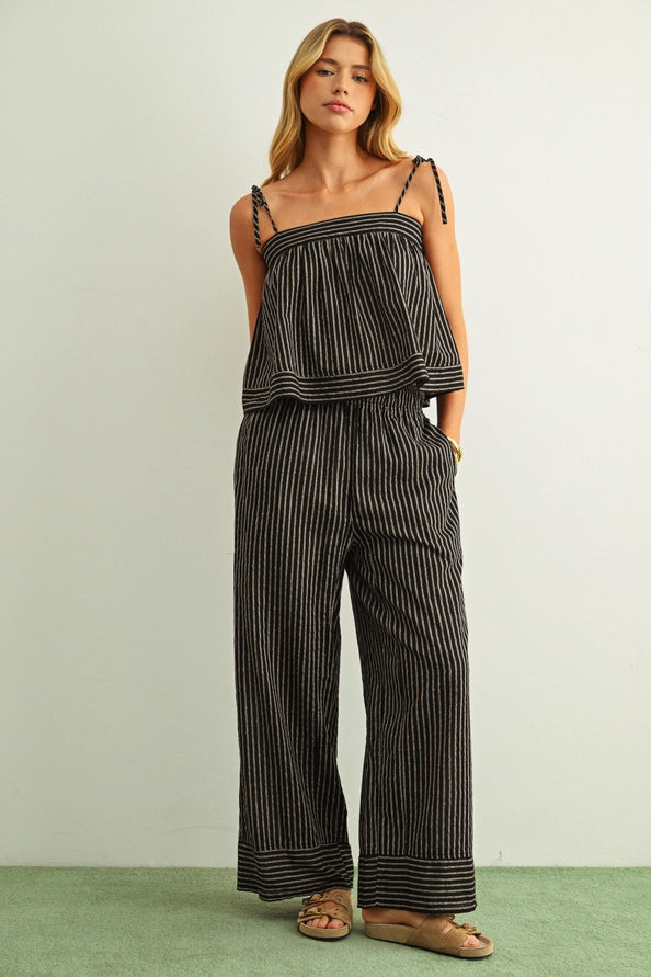 Val Striped Print Elastic Waistband Wide Leg Pant
