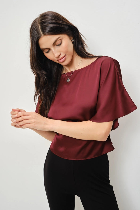 Darla Satin Flutter Sleeve/Burgundy