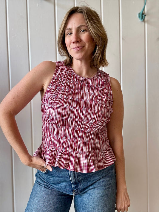 Sonya Red Gingham Smocked Sleeveless Top
