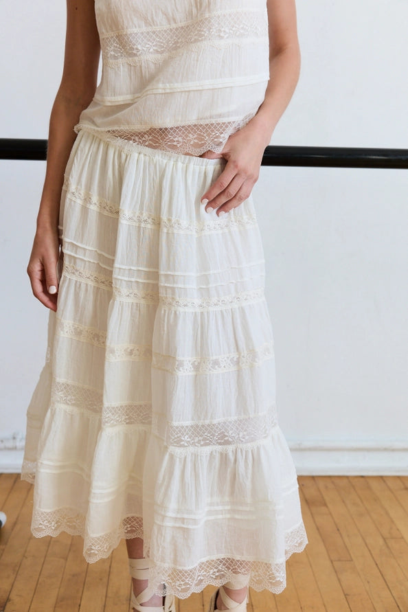 Quinn Lace Panel Midi Elastic Waist Band Skirt