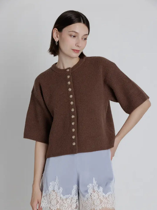 Callie Button Down Short Sleeve Sweater Top/Brown