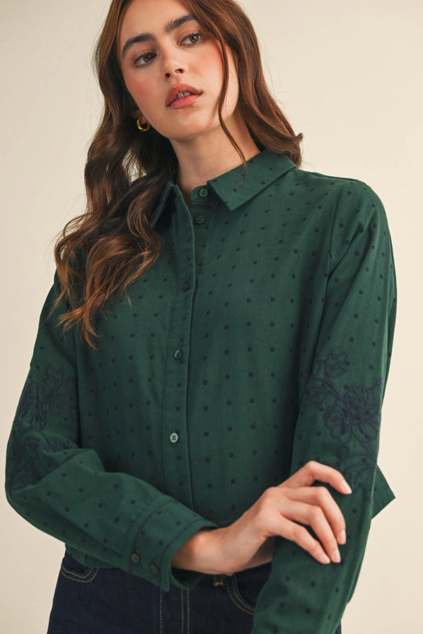 Harley Polka dot Floral Embroidery Button Up Top