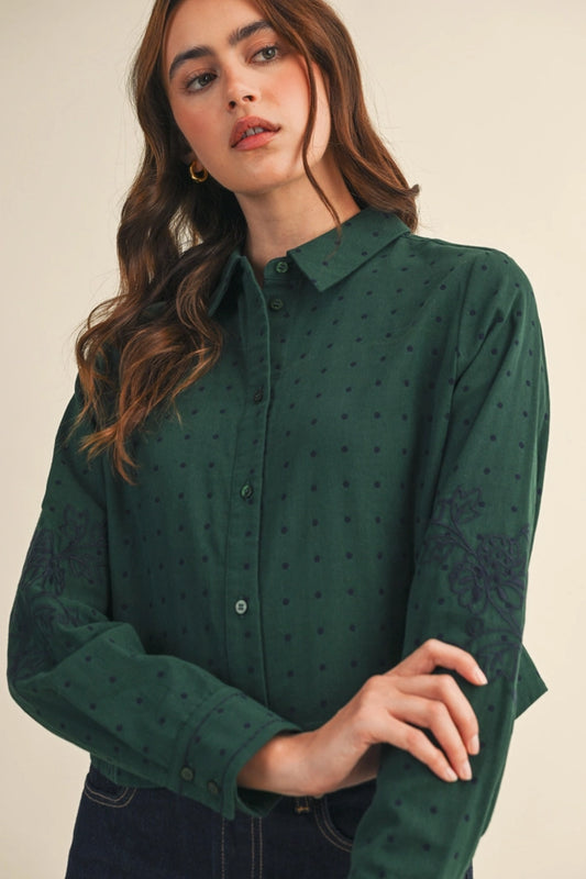 Harley Polka dot Floral Embroidery Button Up Top